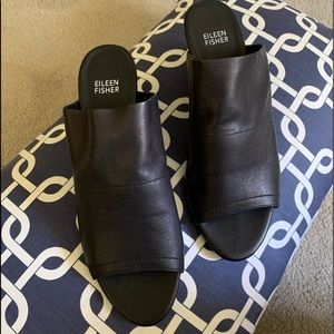 Eileen Fisher Black Leather Peep toe Mules